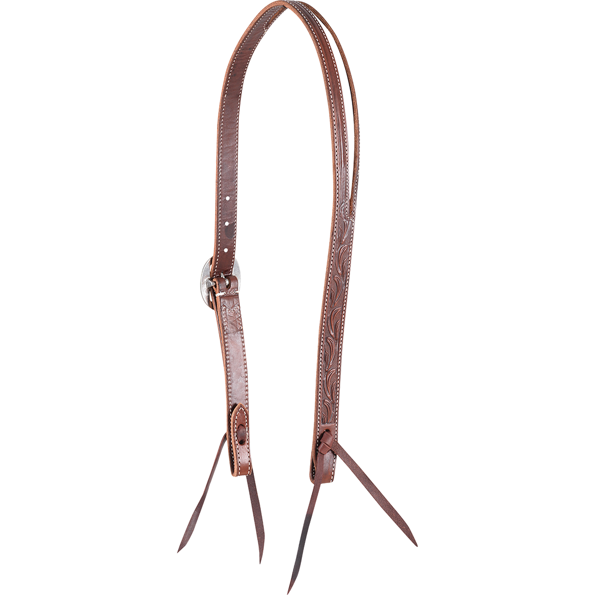 Chocolate Ranahan headstall with leaf tooling, seen from the off side. Tooling runs down one cheek of the 3/4-inch harness leather, with white stitching, a cart buckle and leather bit ties.