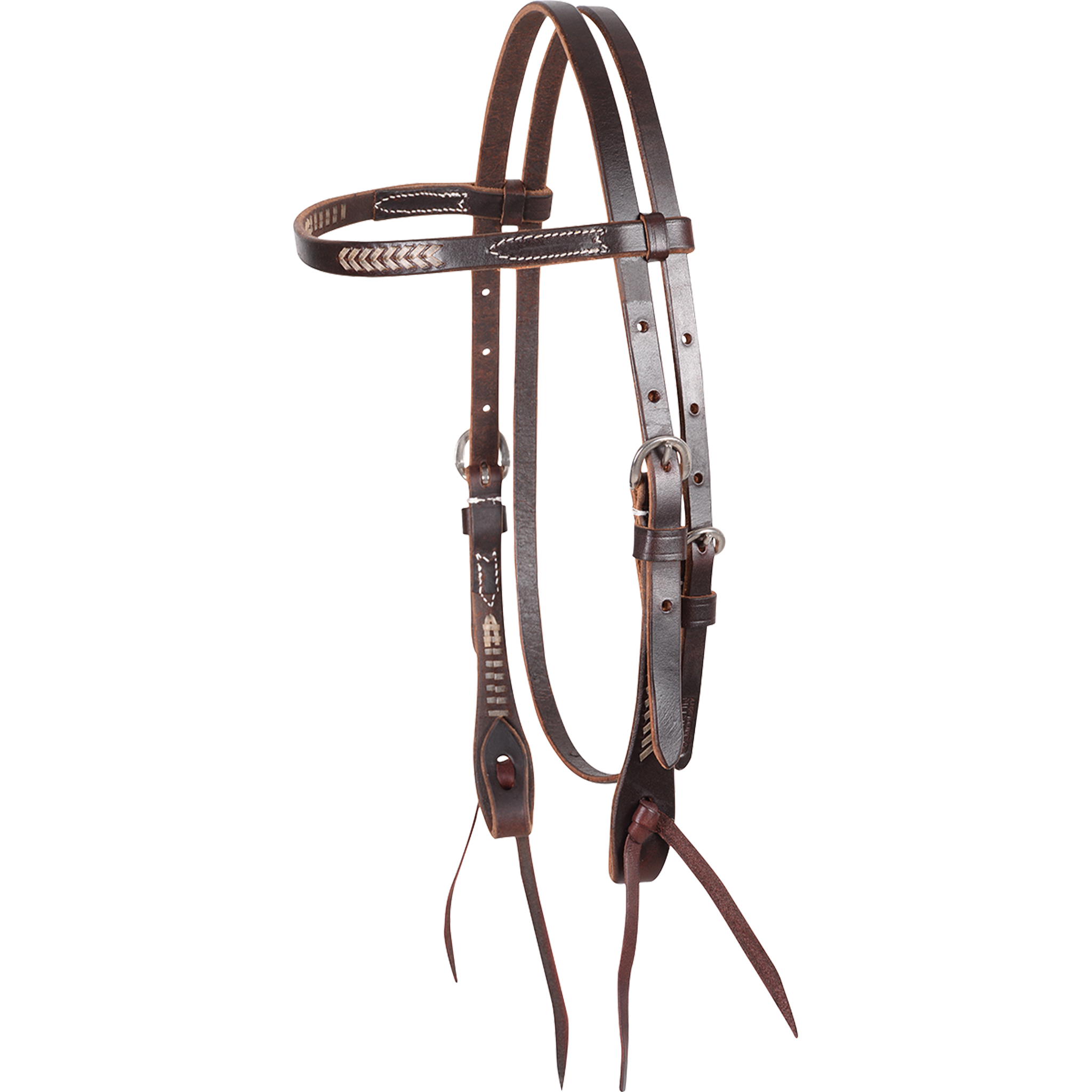 Chocolate rawhide laced browband headstall, seen from the front quarter. Rawhide lacing accents the browband and cheeks of the 5/8-inch harness leather headstall, which ends in bit ties.