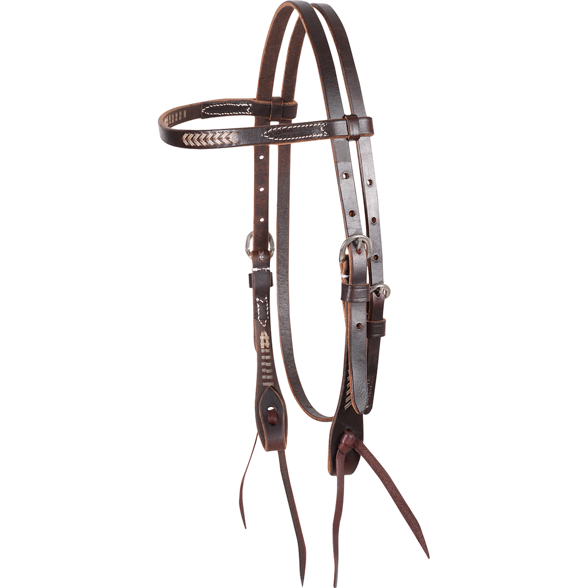 Chocolate rawhide laced browband headstall, seen from the front quarter. Rawhide lacing accents the browband and cheeks of the 5/8-inch harness leather headstall, which ends in bit ties.