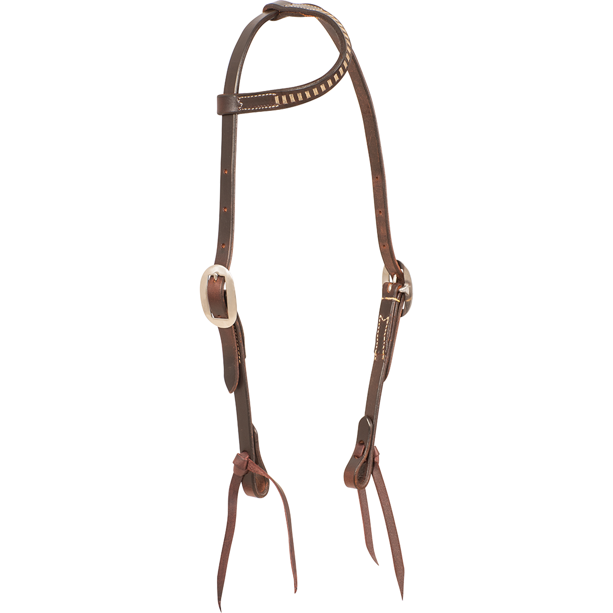 Chocolate rawhide laced slip ear headstall, seen from the front quarter. Rawhide lacing runs along the ear loop of the 5/8-inch harness leather headstall, with buckles at the cheeks and bit ties.