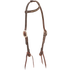 Chocolate rawhide laced slip ear headstall, seen from the front quarter. Rawhide lacing runs along the ear loop of the 5/8-inch harness leather headstall, with buckles at the cheeks and bit ties.