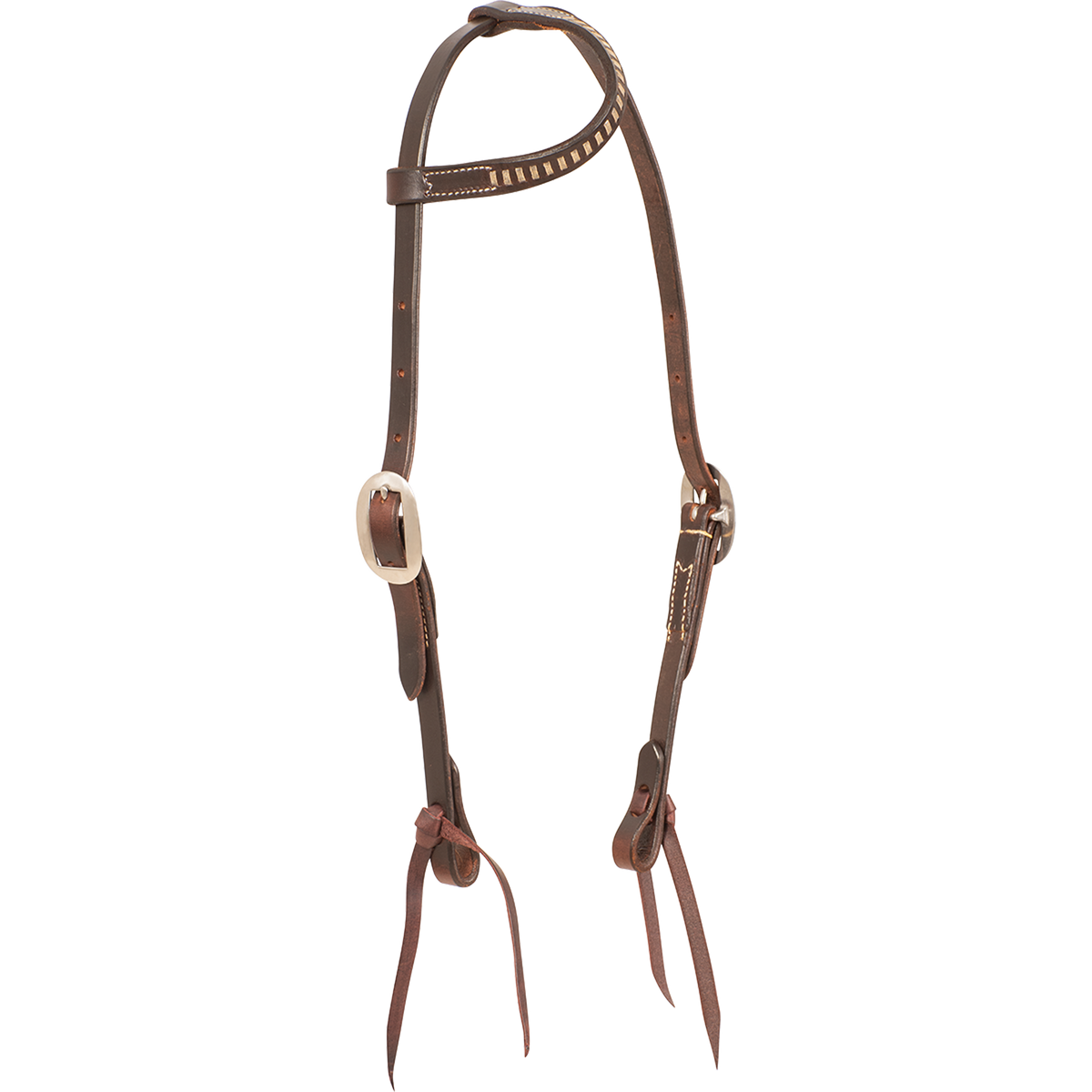 Chocolate rawhide laced slip ear headstall, seen from the front quarter. Rawhide lacing runs along the ear loop of the 5/8-inch harness leather headstall, with buckles at the cheeks and bit ties.