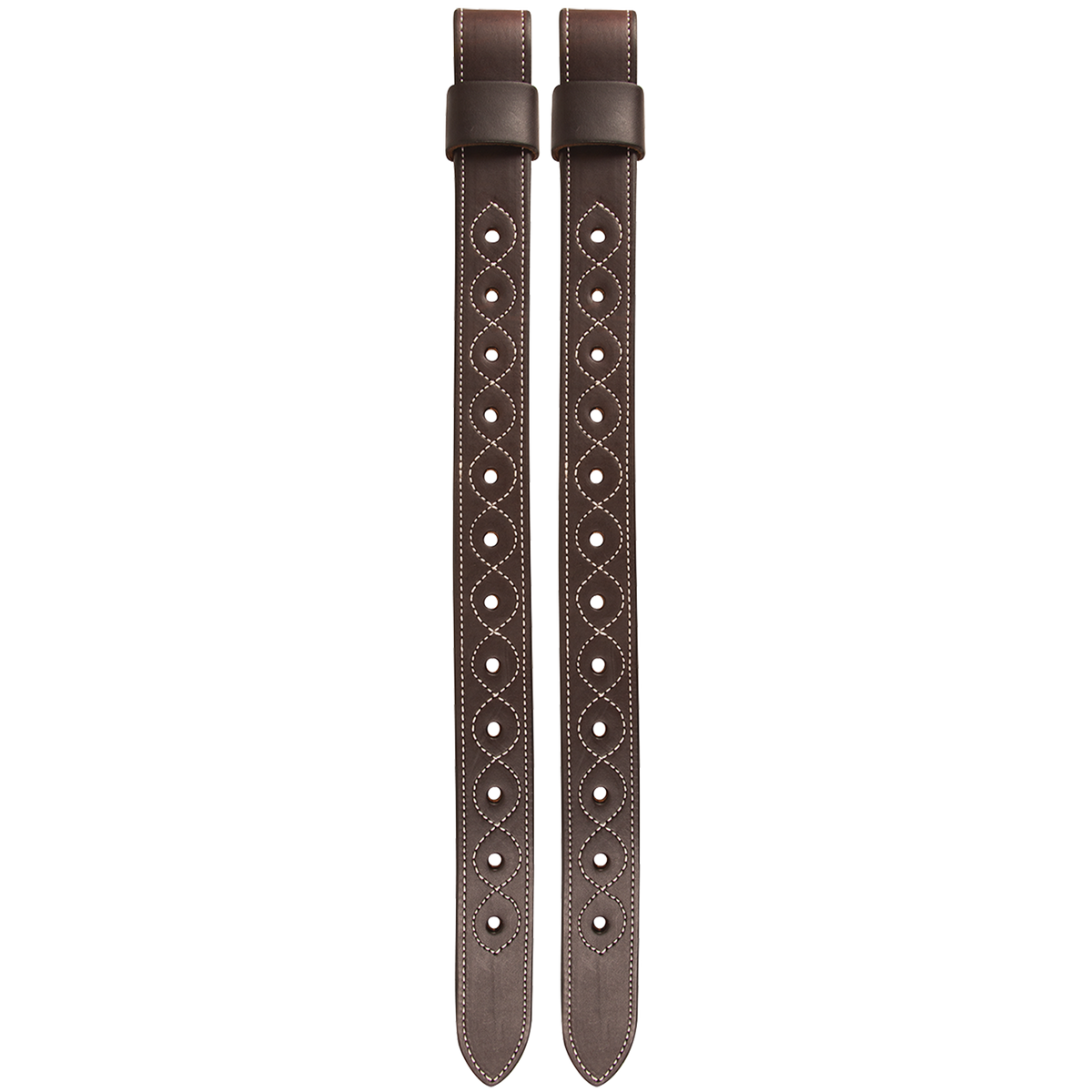 Chocolate removable flank billets from Martin Saddlery, shown as a pair. Each doubled and stitched skirting leather billet has a leather loop at the top and a row of adjustment holes.