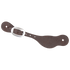 Chocolate roughout Alpine spur strap, seen from above. The plain roughout strap has a stainless steel buckle and slotted holes at both ends.