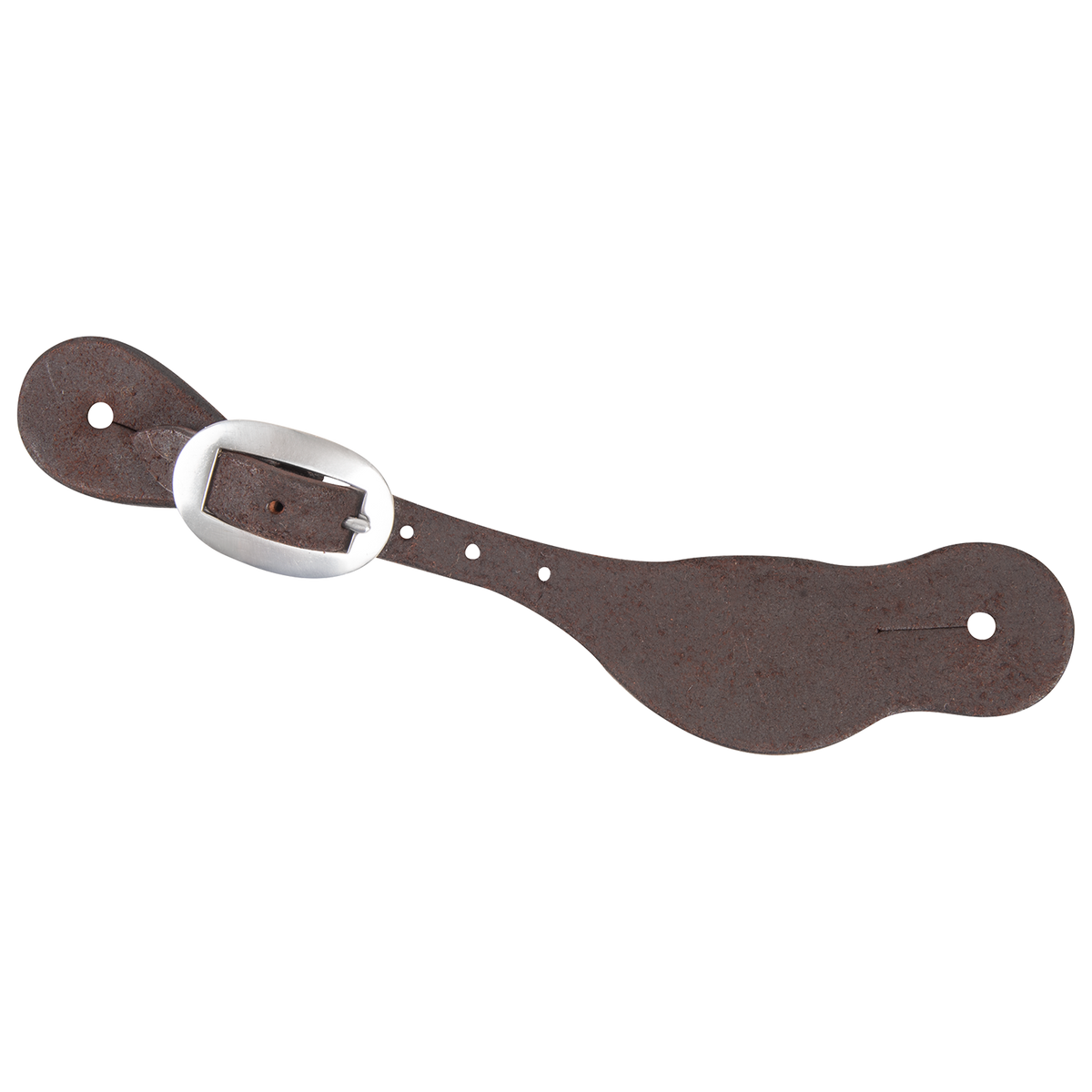 Chocolate roughout Alpine spur strap, seen from above. The plain roughout strap has a stainless steel buckle and slotted holes at both ends.