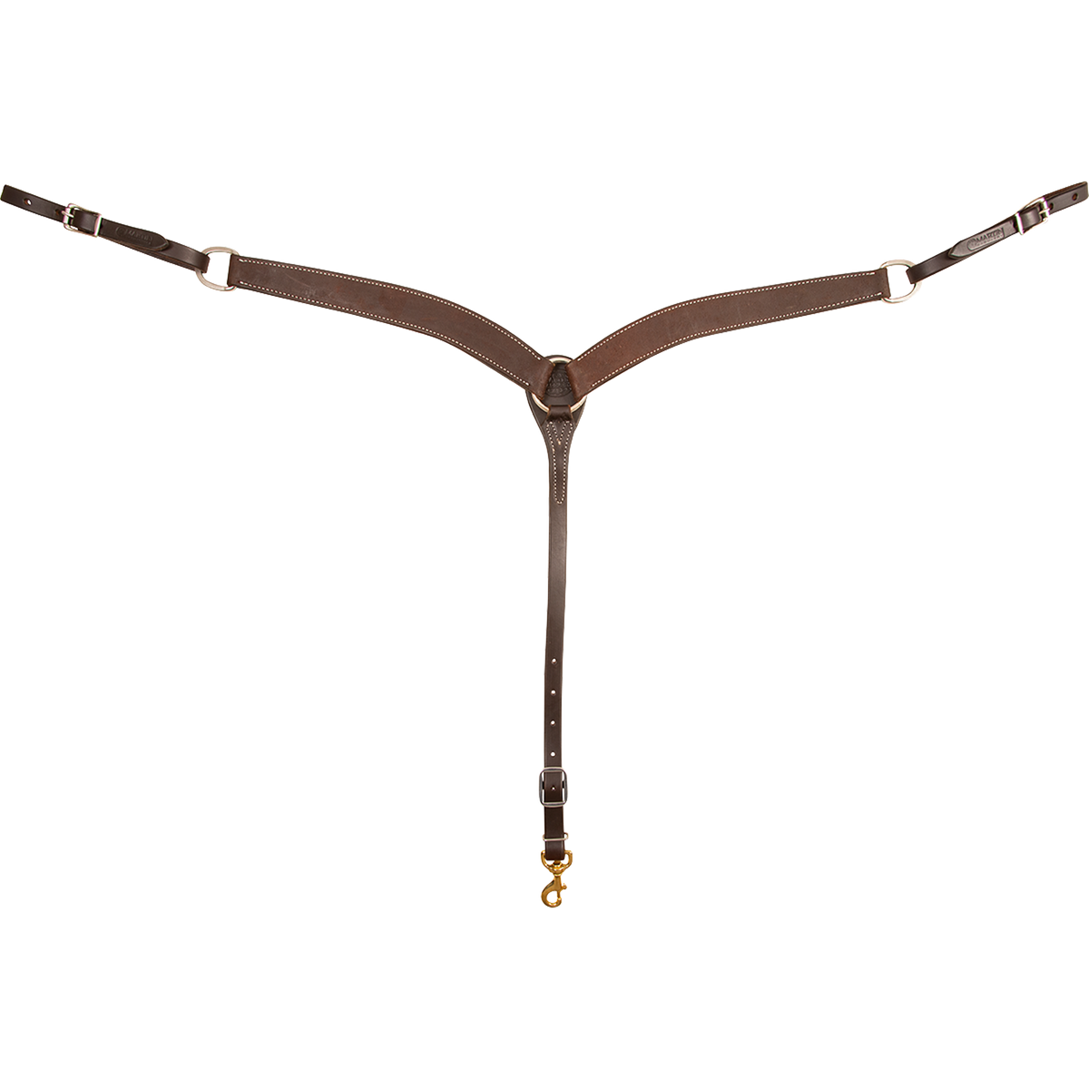 Chocolate roughout breast collar from Martin Saddlery, seen from the front in full. The 1.75-inch contoured shoulder straps with white edge stitching meet at a center ring, with buckles at each side and a snap on the tie-down strap.