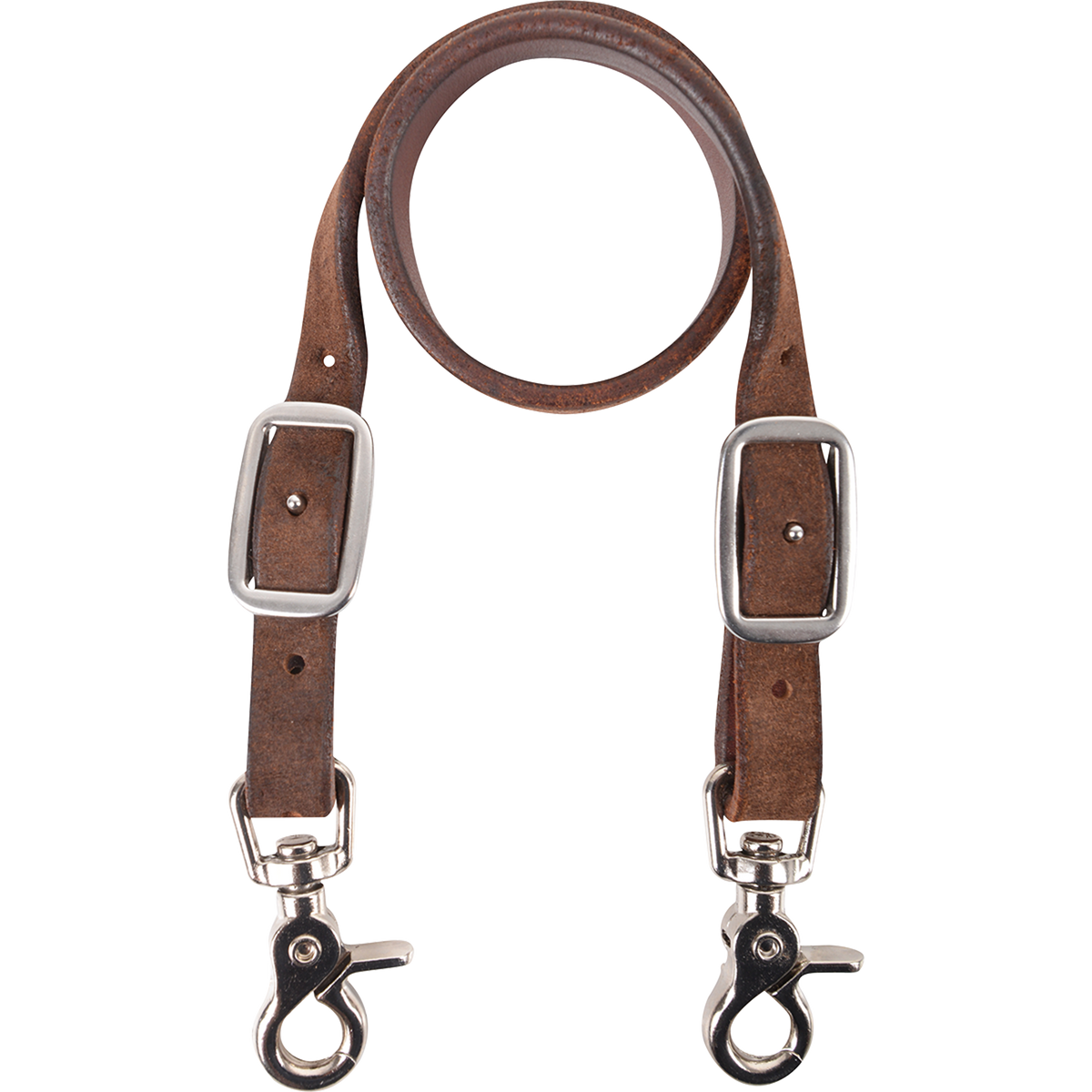 Chocolate roughout breastcollar wither strap from Martin Saddlery, looped and seen from the front. The strap has a buckle and a snap at each end to hold a breastcollar in place.