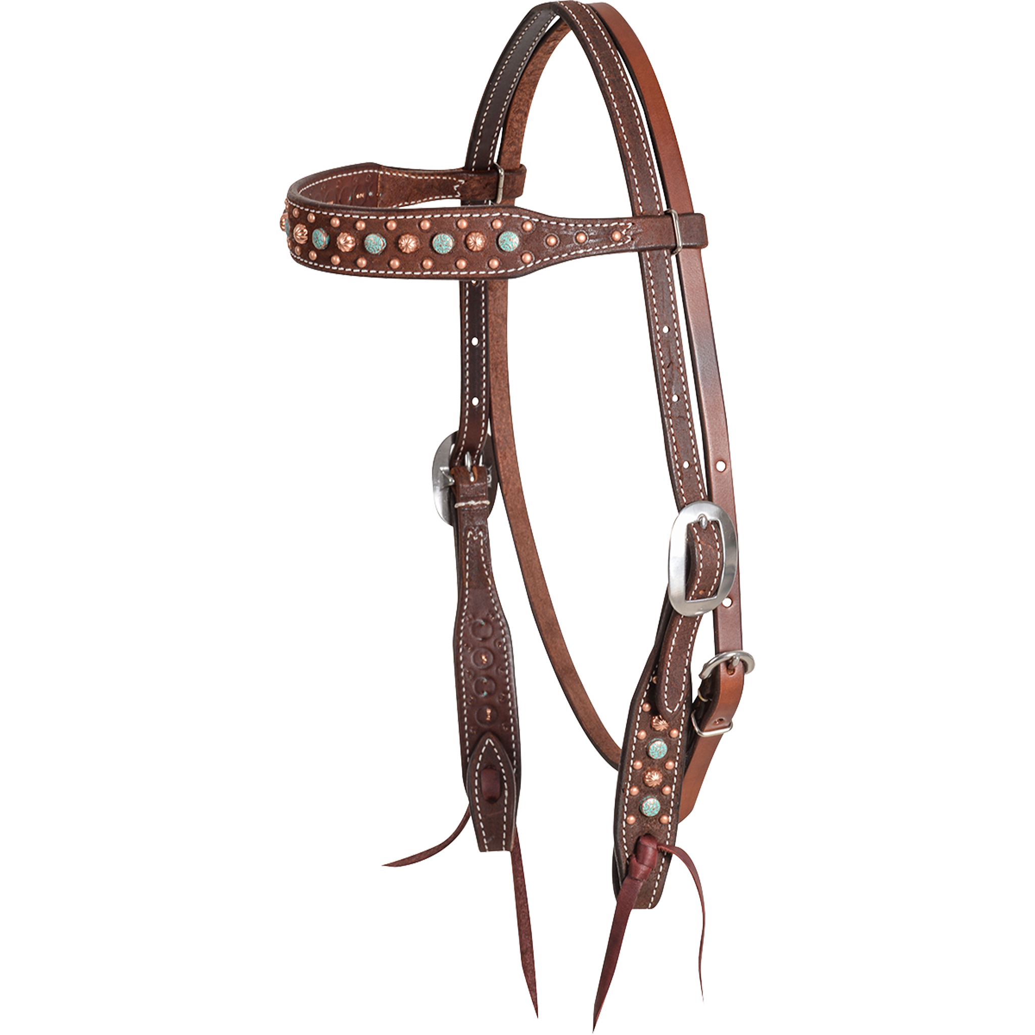 Chocolate roughout browband headstall with floral spot dots, seen from the front quarter. Embossed floral spots and dots decorate the shaped browband and cheeks, with buckles for adjustment and bit ties at the ends.