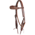 Chocolate roughout browband headstall with floral spot dots, seen from the front quarter. Embossed floral spots and dots decorate the shaped browband and cheeks, with buckles for adjustment and bit ties at the ends.