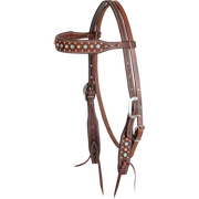 Chocolate roughout browband headstall with floral spot dots, seen from the front quarter. Embossed floral spots and dots decorate the shaped browband and cheeks, with buckles for adjustment and bit ties at the ends.
