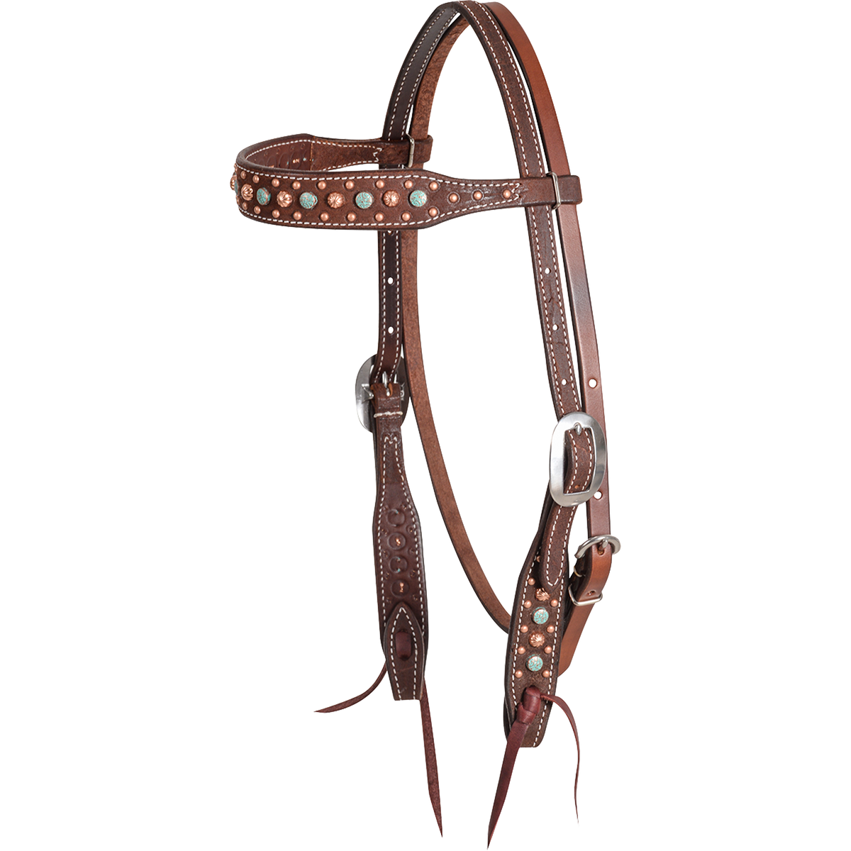 Chocolate roughout browband headstall with floral spot dots, seen from the front quarter. Embossed floral spots and dots decorate the shaped browband and cheeks, with buckles for adjustment and bit ties at the ends.