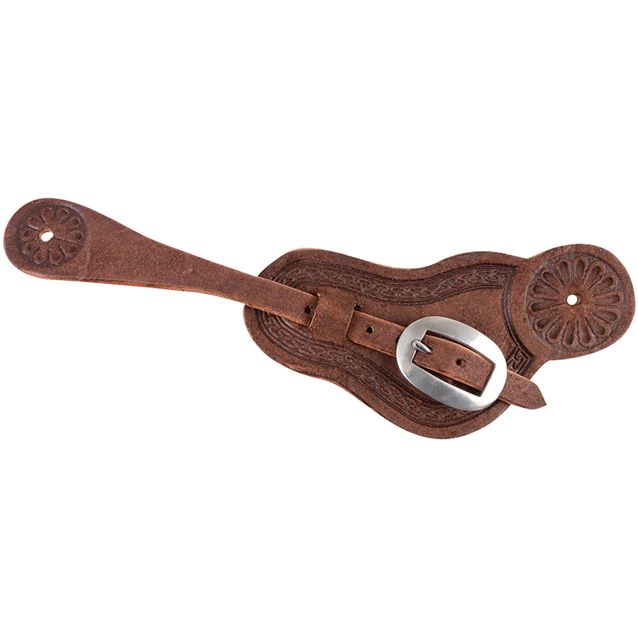 Chocolate roughout buckaroo spur strap with San Carlos border tooling, seen from above. Stamped flower ends sit at each side of the shaped strap, which fastens with a stainless steel buckle.