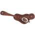 Chocolate roughout buckaroo spur strap with San Carlos border tooling, seen from above. Stamped flower ends sit at each side of the shaped strap, which fastens with a stainless steel buckle.