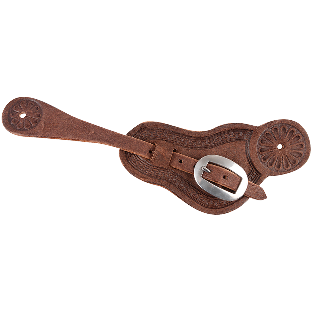 Chocolate roughout buckaroo spur strap with San Carlos border tooling, seen from above. Stamped flower ends sit at each side of the shaped strap, which fastens with a stainless steel buckle.