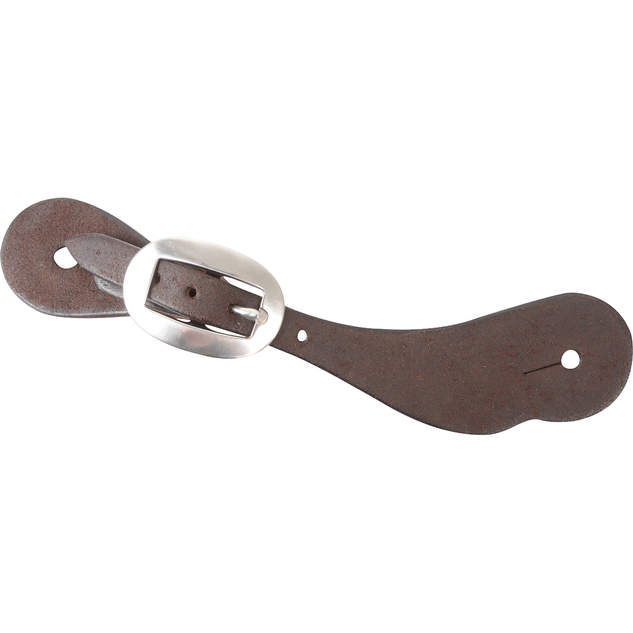 Medium chocolate roughout cowboy spur strap, seen from above. The plain dark roughout strap has a cart buckle and slotted holes at both ends.