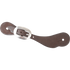 Medium chocolate roughout cowboy spur strap, seen from above. The plain dark roughout strap has a cart buckle and slotted holes at both ends.