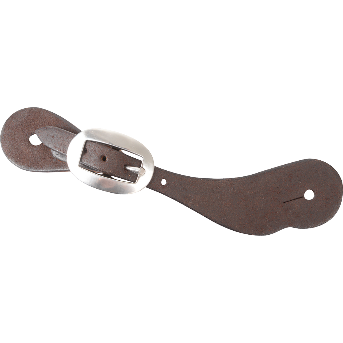 Medium chocolate roughout cowboy spur strap, seen from above. The plain dark roughout strap has a cart buckle and slotted holes at both ends.