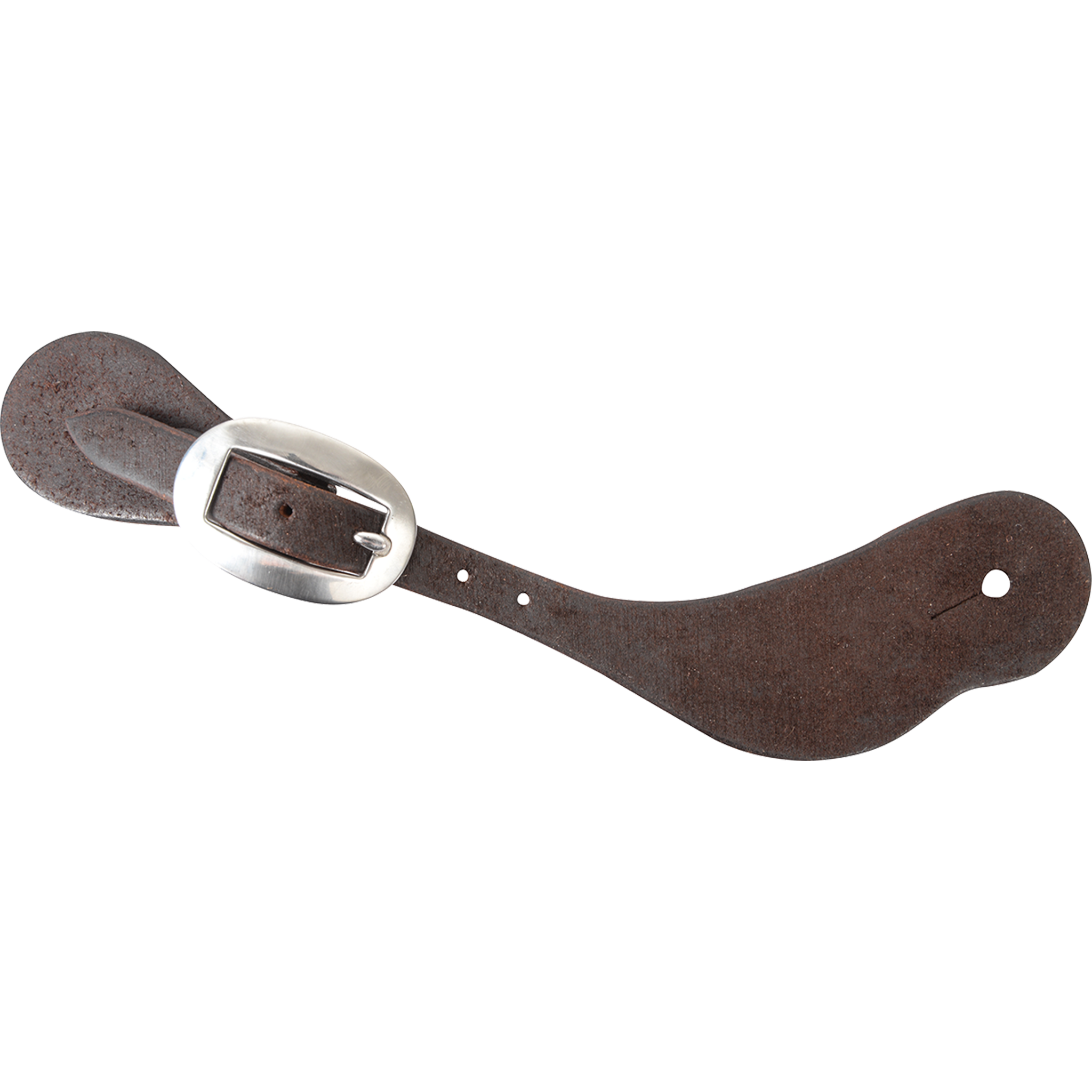Chocolate roughout cowboy spur strap from Martin Saddlery, seen from above. The plain roughout strap has a cart buckle and a slotted hole at the wide end.