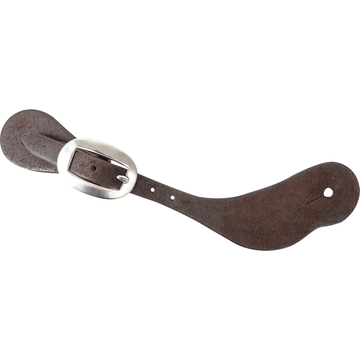Chocolate roughout cowboy spur strap from Martin Saddlery, seen from above. The plain roughout strap has a cart buckle and a slotted hole at the wide end.