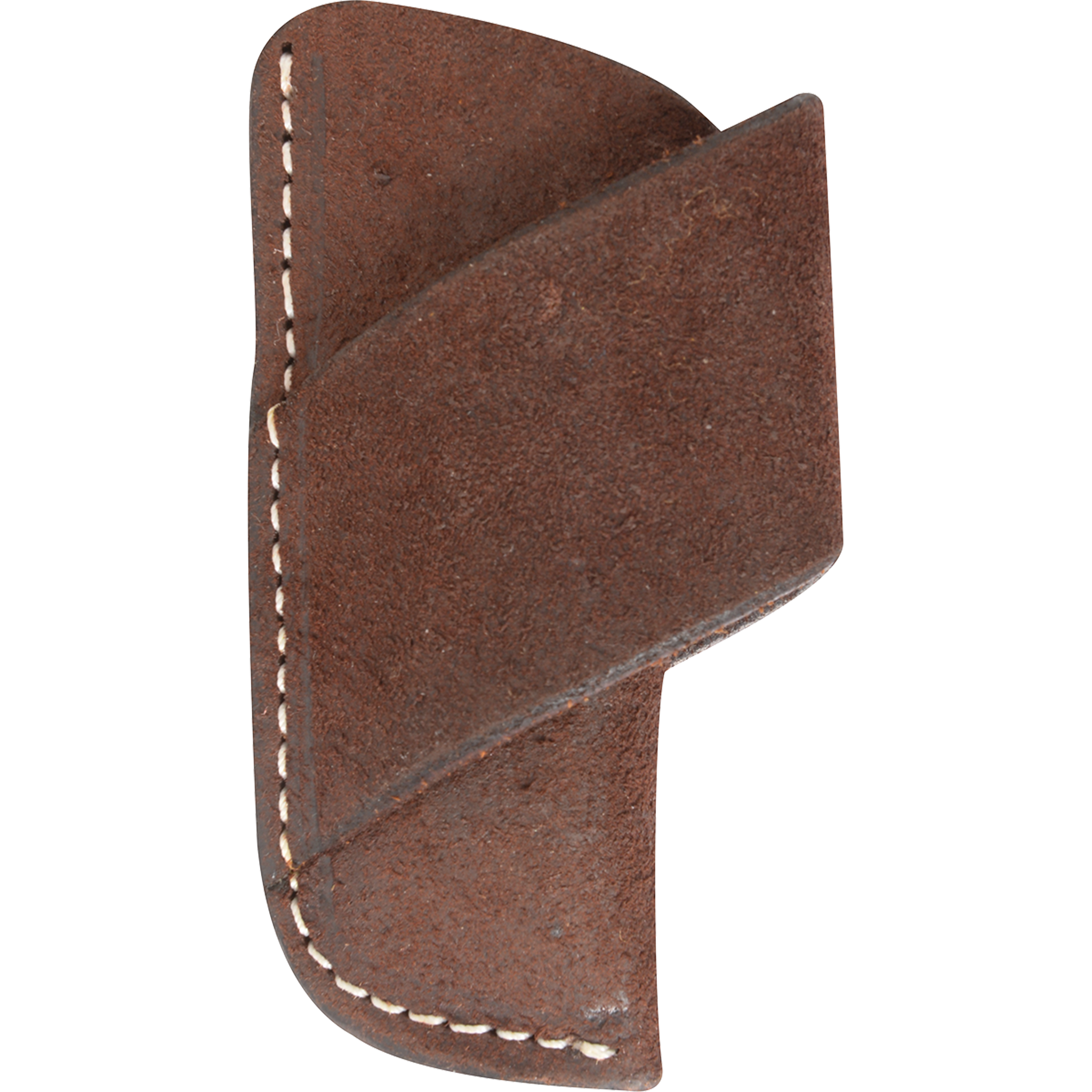Chocolate roughout horizontal knife sheath from Martin Saddlery, seen from the front. A diagonal belt strap crosses the roughout leather body, which is edged in white stitching.