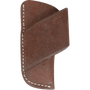 Chocolate roughout horizontal knife sheath from Martin Saddlery, seen from the front. A diagonal belt strap crosses the roughout leather body, which is edged in white stitching.