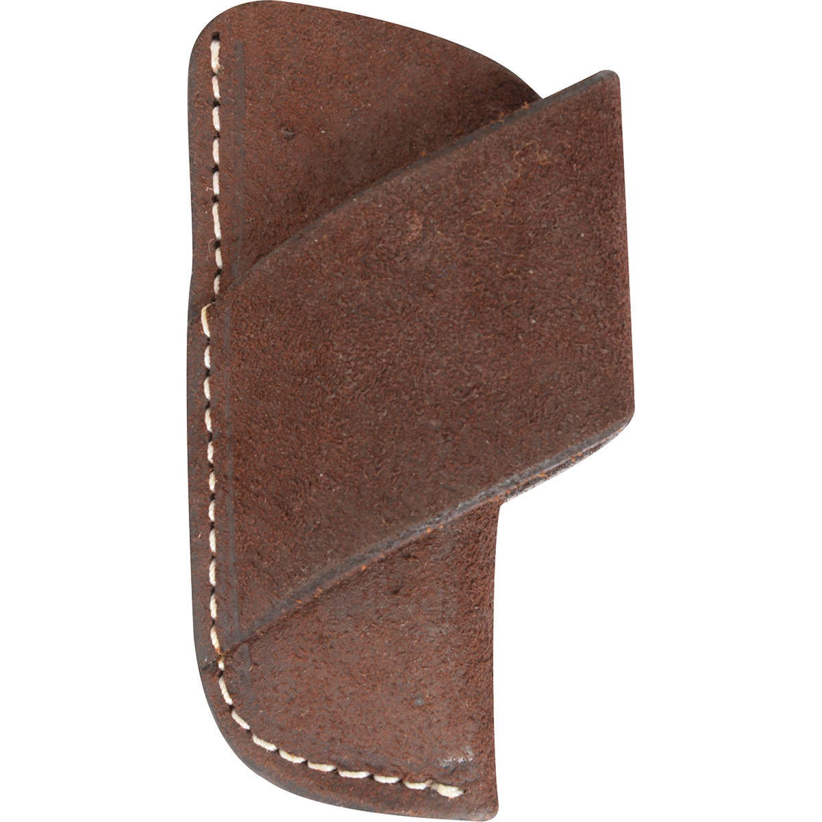 Chocolate roughout horizontal knife sheath from Martin Saddlery, seen from the front. A diagonal belt strap crosses the roughout leather body, which is edged in white stitching.