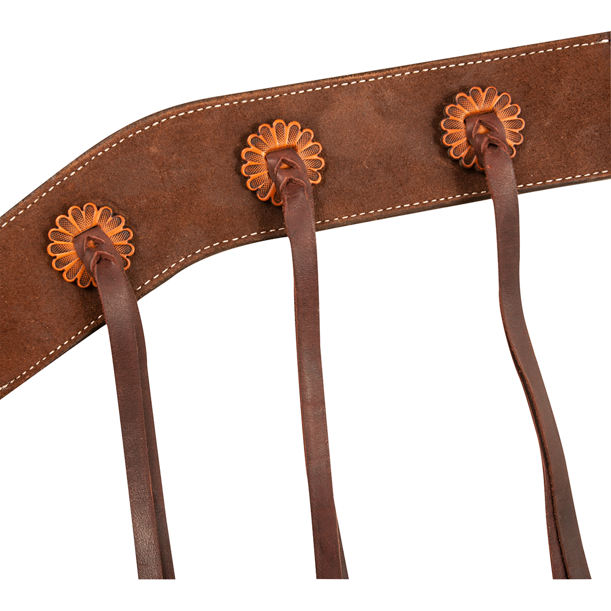 Chocolate roughout leather breast collar strap with antiqued rosettes, each tied with a leather string. White stitching follows the edges of the wide strap on this Martin Saddlery western breast collar.