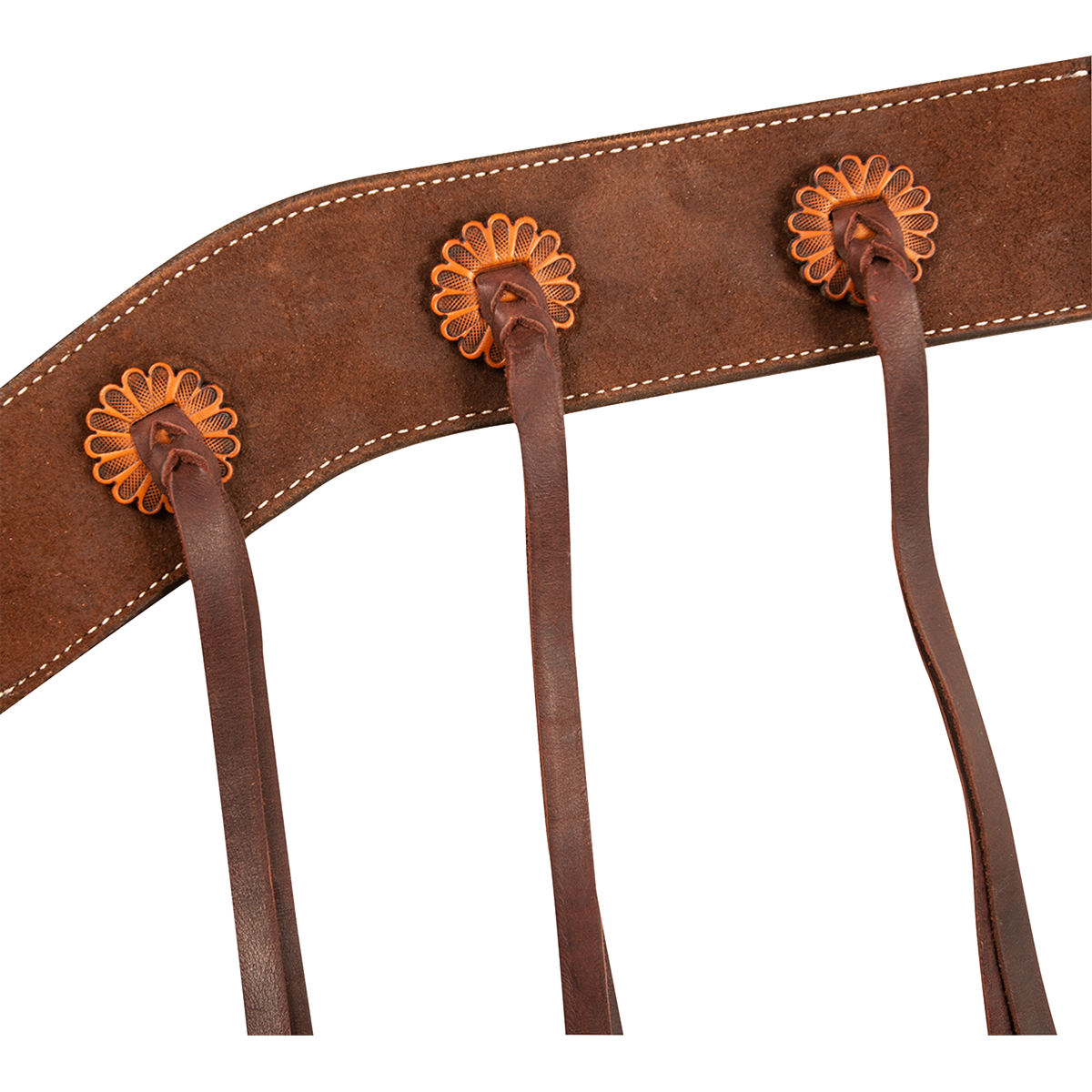 Chocolate roughout leather breast collar strap with antiqued rosettes, each tied with a leather string. White stitching follows the edges of the wide strap on this Martin Saddlery western breast collar.