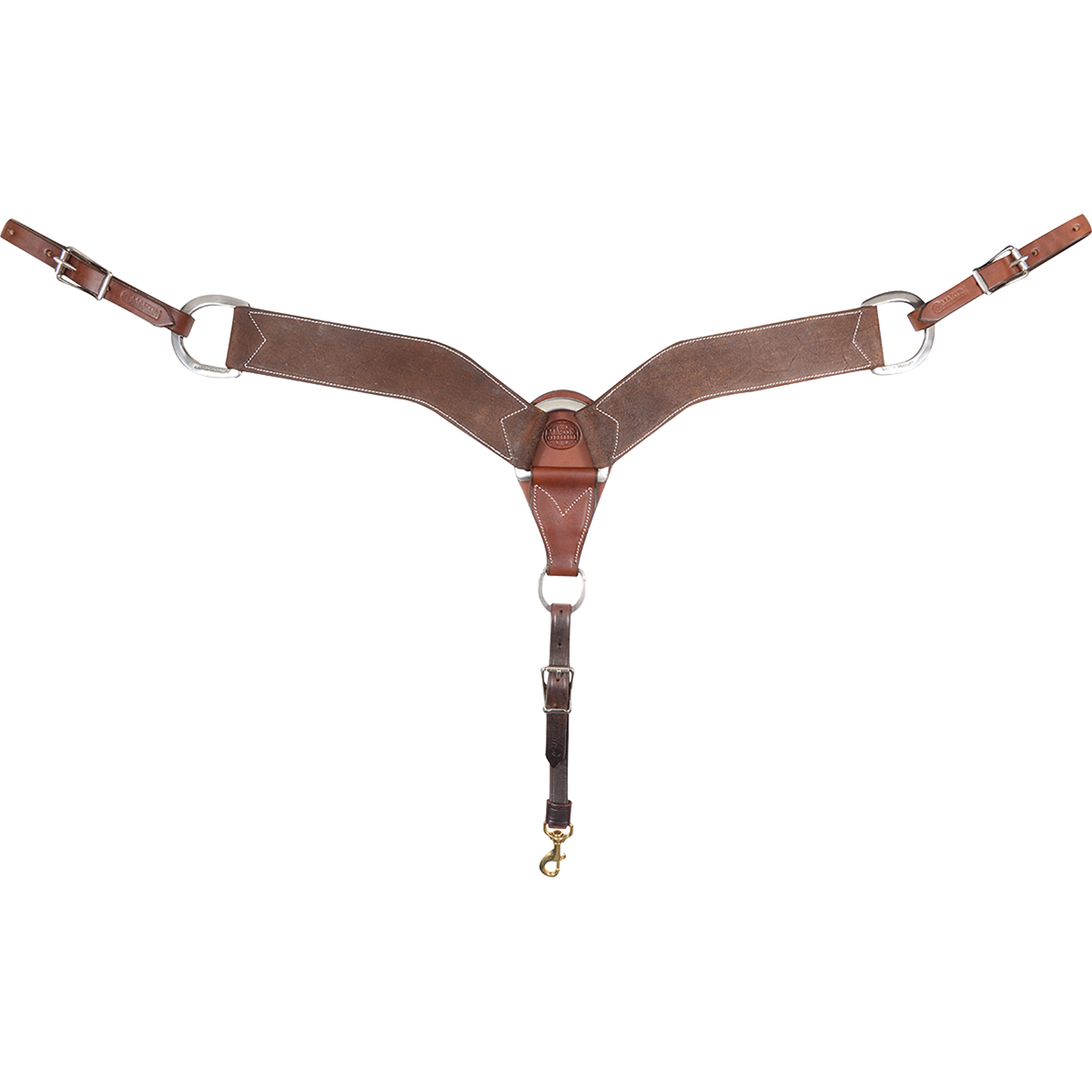 Chocolate roughout breast collar from Martin Saddlery, seen from the front in full. The 2.75-inch shoulder straps with stitched edges meet at a center ring, with buckles at each side and a tie-down strap ending in a snap.
