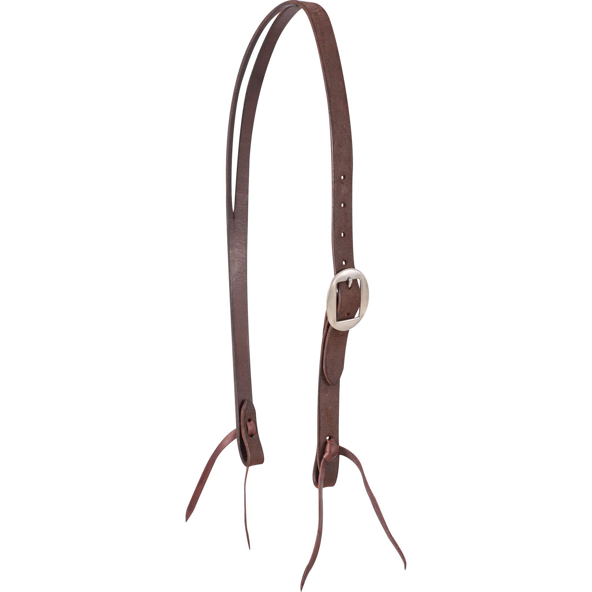 Chocolate roughout Ranahan headstall from Martin Saddlery, seen from the front quarter. A cart buckle sits on the cheek of the 3/4-inch strap, and bit ties finish both ends.