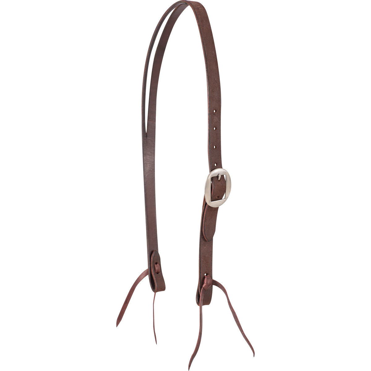 Chocolate roughout Ranahan headstall from Martin Saddlery, seen from the front quarter. A cart buckle sits on the cheek of the 3/4-inch strap, and bit ties finish both ends.
