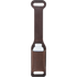 Chocolate roughout rope powder holder from Martin Saddlery, seen from the front with a white powder bottle in the pocket. Slots at the top and bottom of the dark leather strap attach it to the saddle.