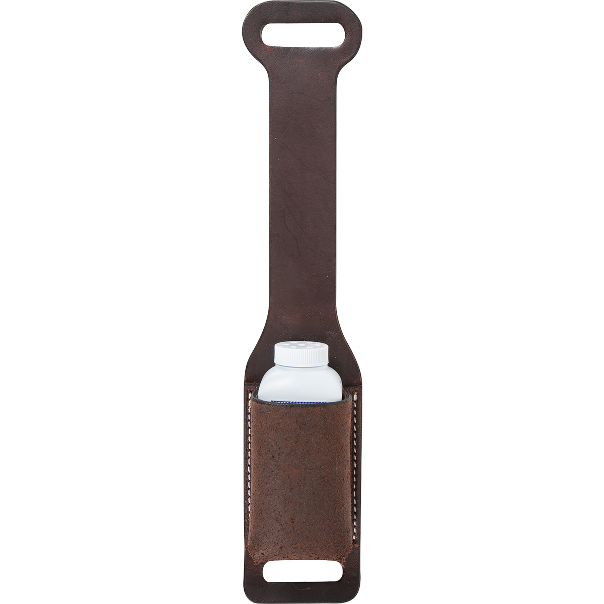 Chocolate roughout rope powder holder from Martin Saddlery, seen from the front with a white powder bottle in the pocket. Slots at the top and bottom of the dark leather strap attach it to the saddle.