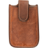 Chocolate roughout smartphone holder, seen from the front. The roughout leather pouch has white stitching around the edges and a darker closure flap over the top opening.