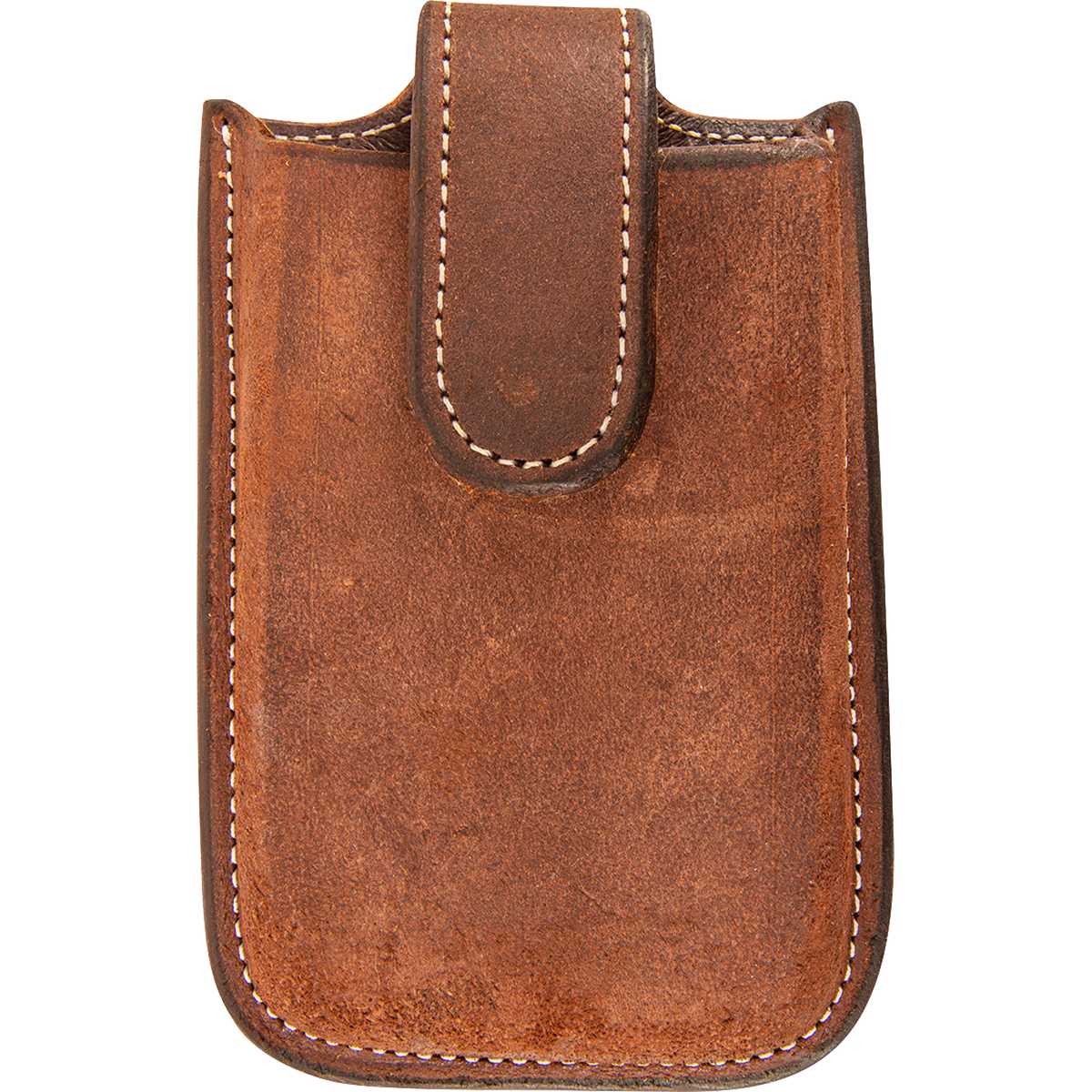 Chocolate roughout smartphone holder, seen from the front. The roughout leather pouch has white stitching around the edges and a darker closure flap over the top opening.