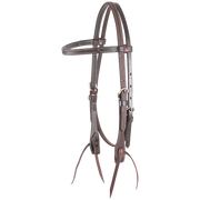 Chocolate roughout browband headstall from Martin Saddlery, seen from the front quarter. White stitching follows the 5/8-inch roughout straps, with stainless steel buckles and bit ties.