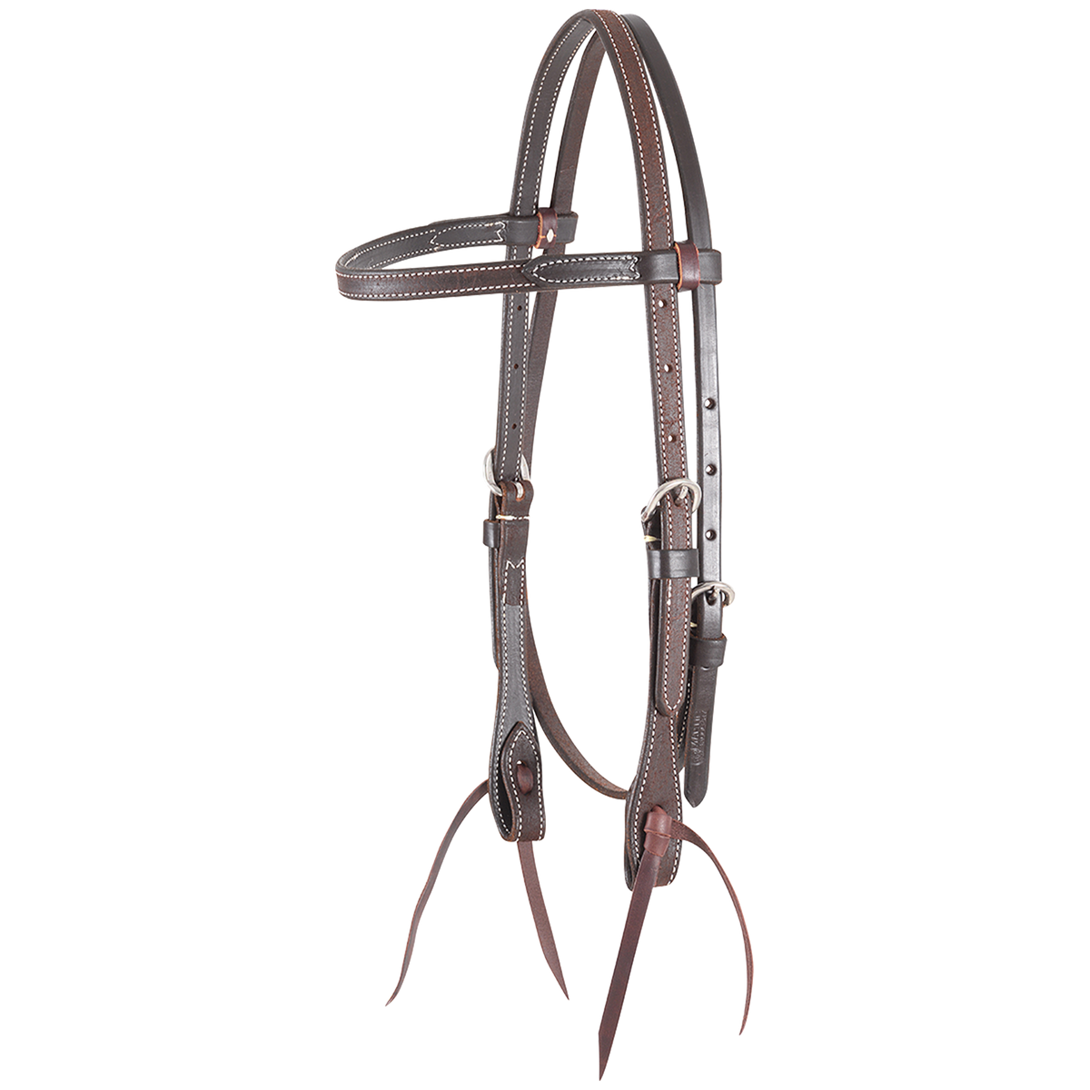 Chocolate roughout browband headstall from Martin Saddlery, seen from the front quarter. White stitching follows the 5/8-inch roughout straps, with stainless steel buckles and bit ties.