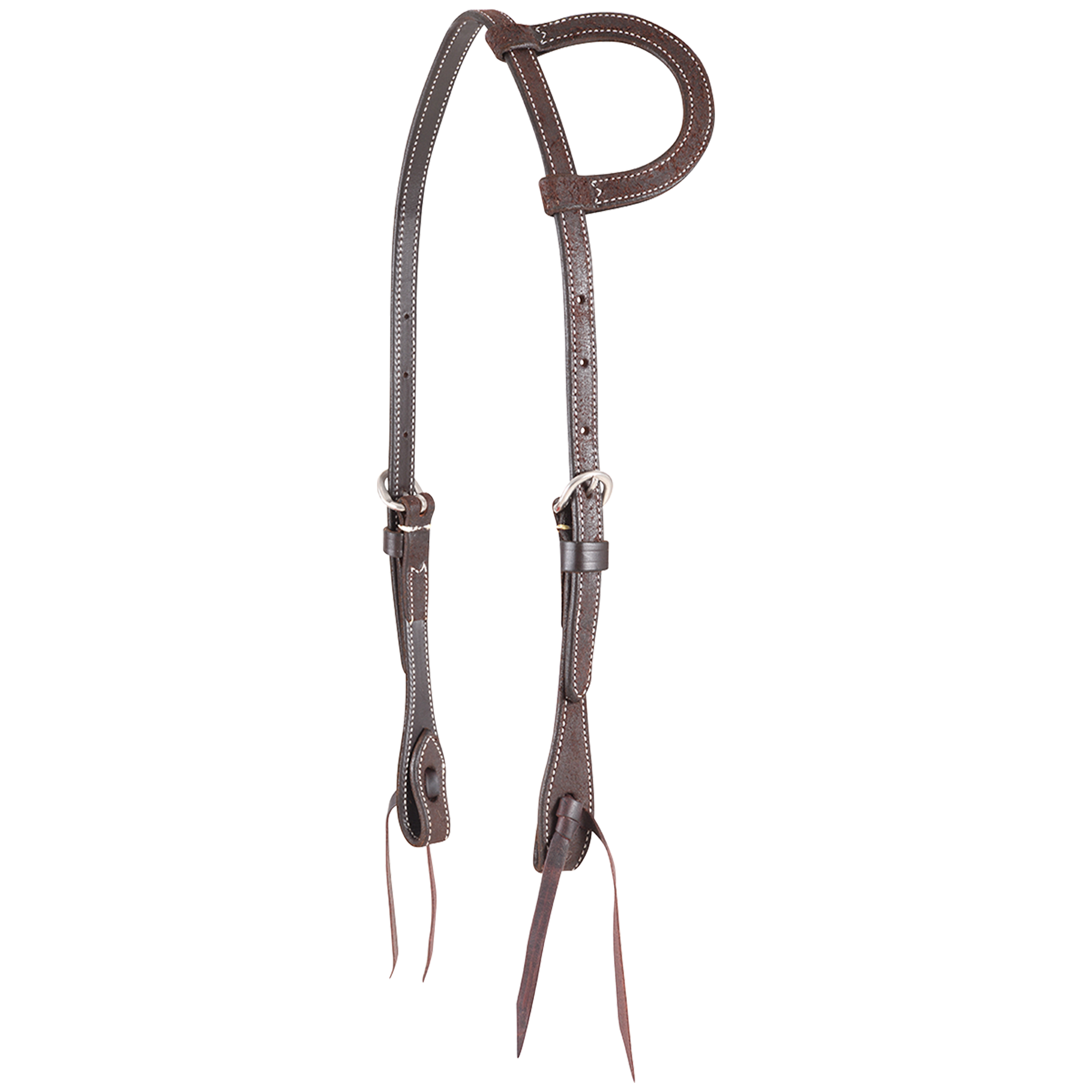 Chocolate roughout slip ear headstall from Martin Saddlery, seen from the front quarter. White stitching follows the roughout straps and ear loop, with stainless steel buckles and bit ties.