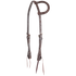 Chocolate roughout slip ear headstall from Martin Saddlery, seen from the front quarter. White stitching follows the roughout straps and ear loop, with stainless steel buckles and bit ties.