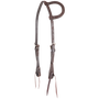 Chocolate roughout slip ear headstall from Martin Saddlery, seen from the front quarter. White stitching follows the roughout straps and ear loop, with stainless steel buckles and bit ties.