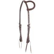 Chocolate roughout slip ear headstall from Martin Saddlery, seen from the front quarter. White stitching follows the roughout straps and ear loop, with stainless steel buckles and bit ties.