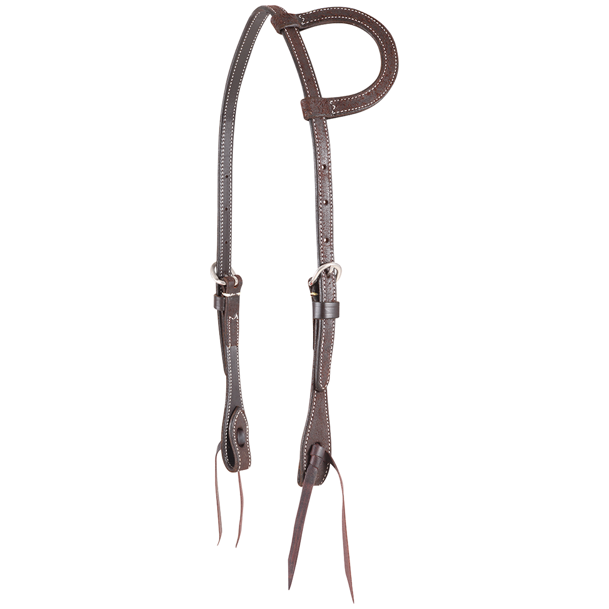 Chocolate roughout slip ear headstall from Martin Saddlery, seen from the front quarter. White stitching follows the roughout straps and ear loop, with stainless steel buckles and bit ties.