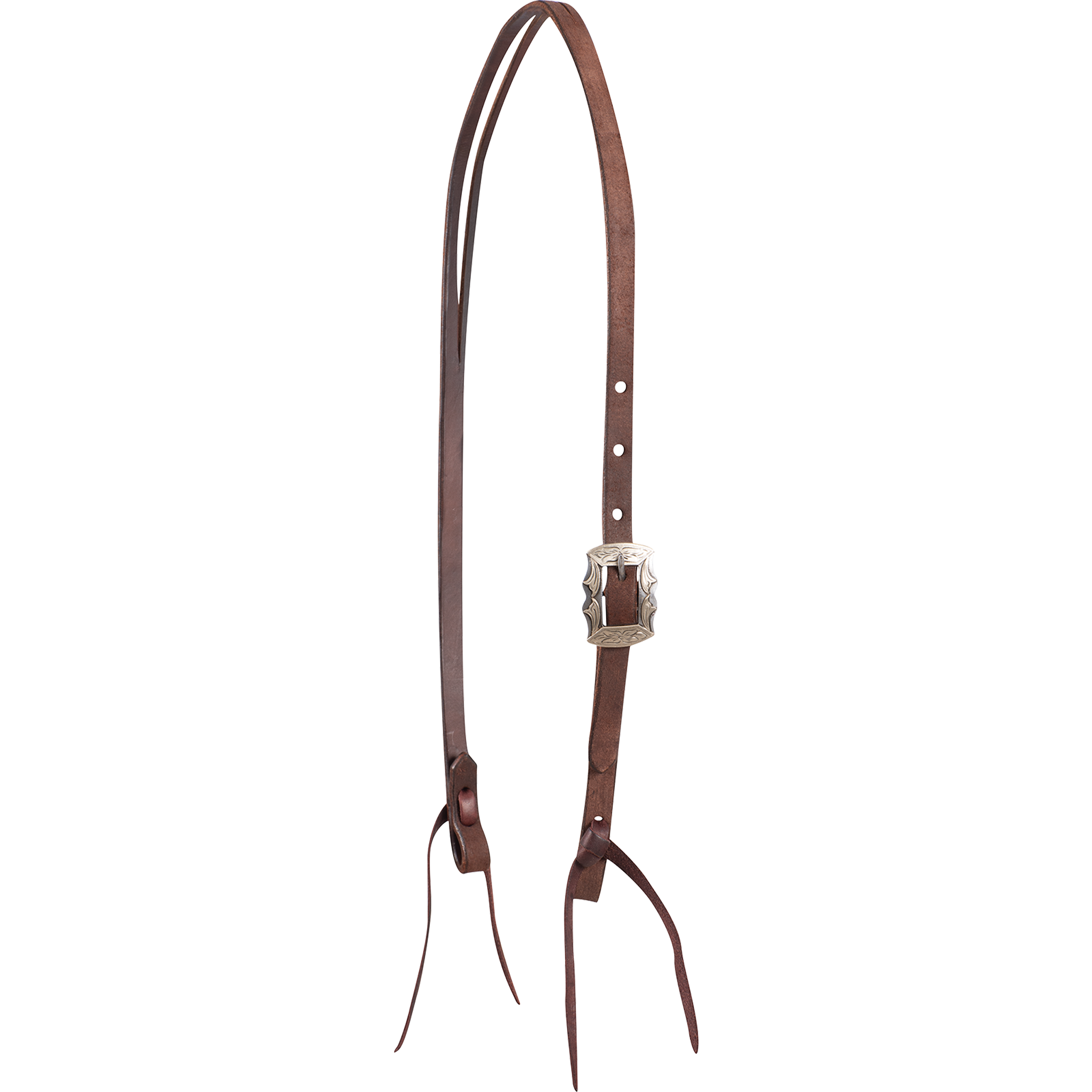 Chocolate roughout split ear headstall with a Prescott buckle, seen from the front quarter. The engraved square buckle with scalloped edges sits on the cheek, above latigo bit ties.