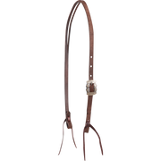 Chocolate roughout split ear headstall with a Prescott buckle, seen from the front quarter. The engraved square buckle with scalloped edges sits on the cheek, above latigo bit ties.