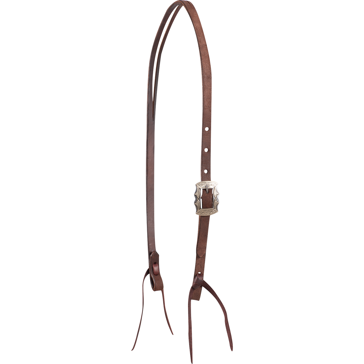 Chocolate roughout split ear headstall with a Prescott buckle, seen from the front quarter. The engraved square buckle with scalloped edges sits on the cheek, above latigo bit ties.