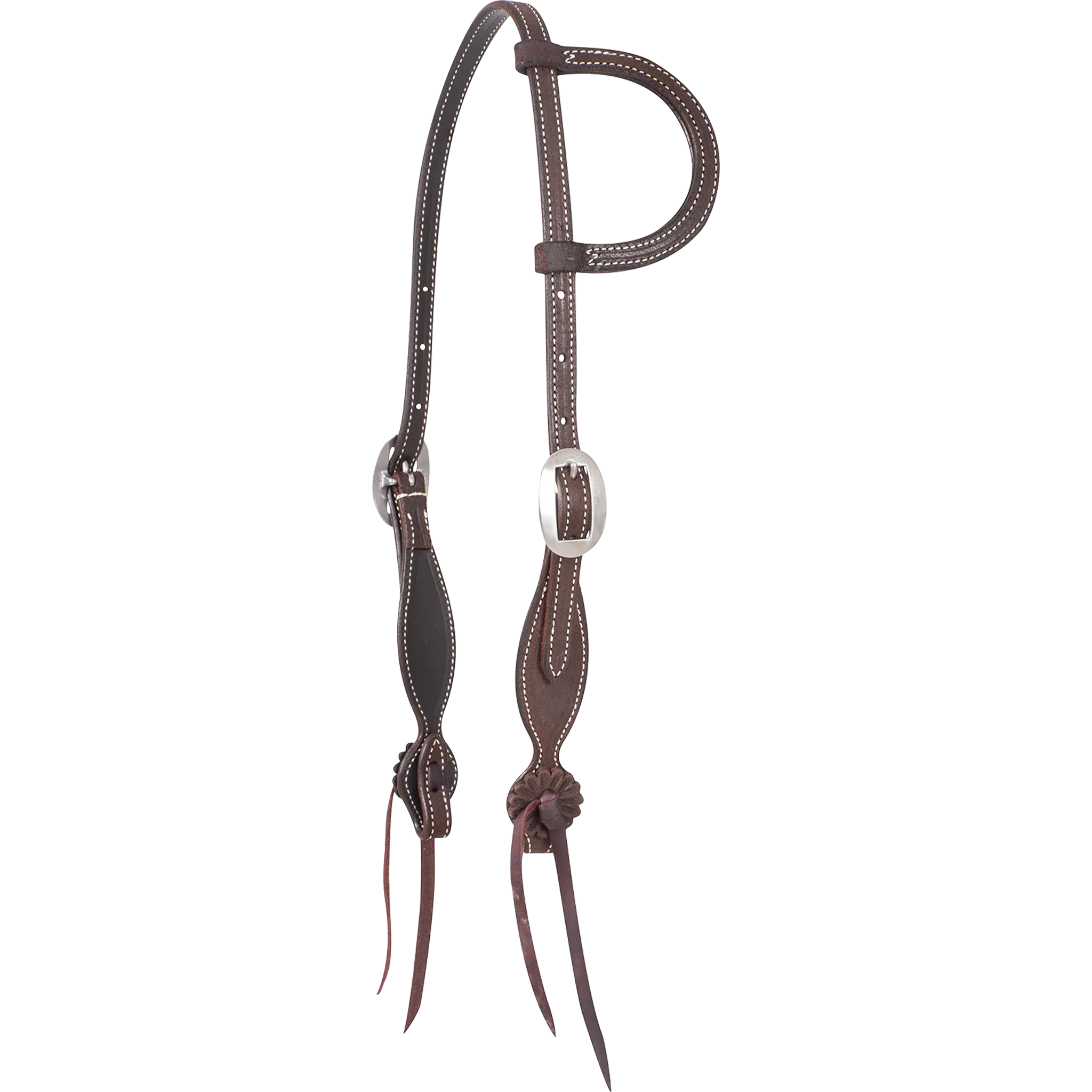 Chocolate roughout split ear headstall with rosette strings, seen from the front quarter. White stitching outlines the shaped cheeks, which carry cart buckles and end in leather rosettes with latigo bit ties.