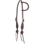 Chocolate roughout split ear headstall with rosette strings, seen from the front quarter. White stitching outlines the shaped cheeks, which carry cart buckles and end in leather rosettes with latigo bit ties.