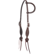Chocolate roughout split ear headstall with rosette strings, seen from the front quarter. White stitching outlines the shaped cheeks, which carry cart buckles and end in leather rosettes with latigo bit ties.
