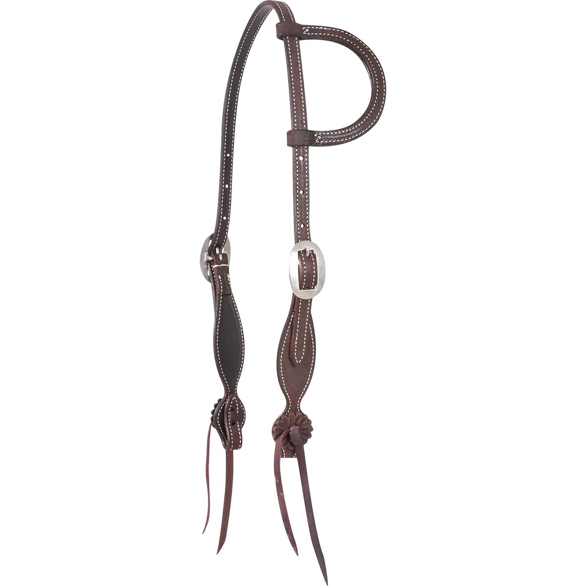 Chocolate roughout split ear headstall with rosette strings, seen from the front quarter. White stitching outlines the shaped cheeks, which carry cart buckles and end in leather rosettes with latigo bit ties.