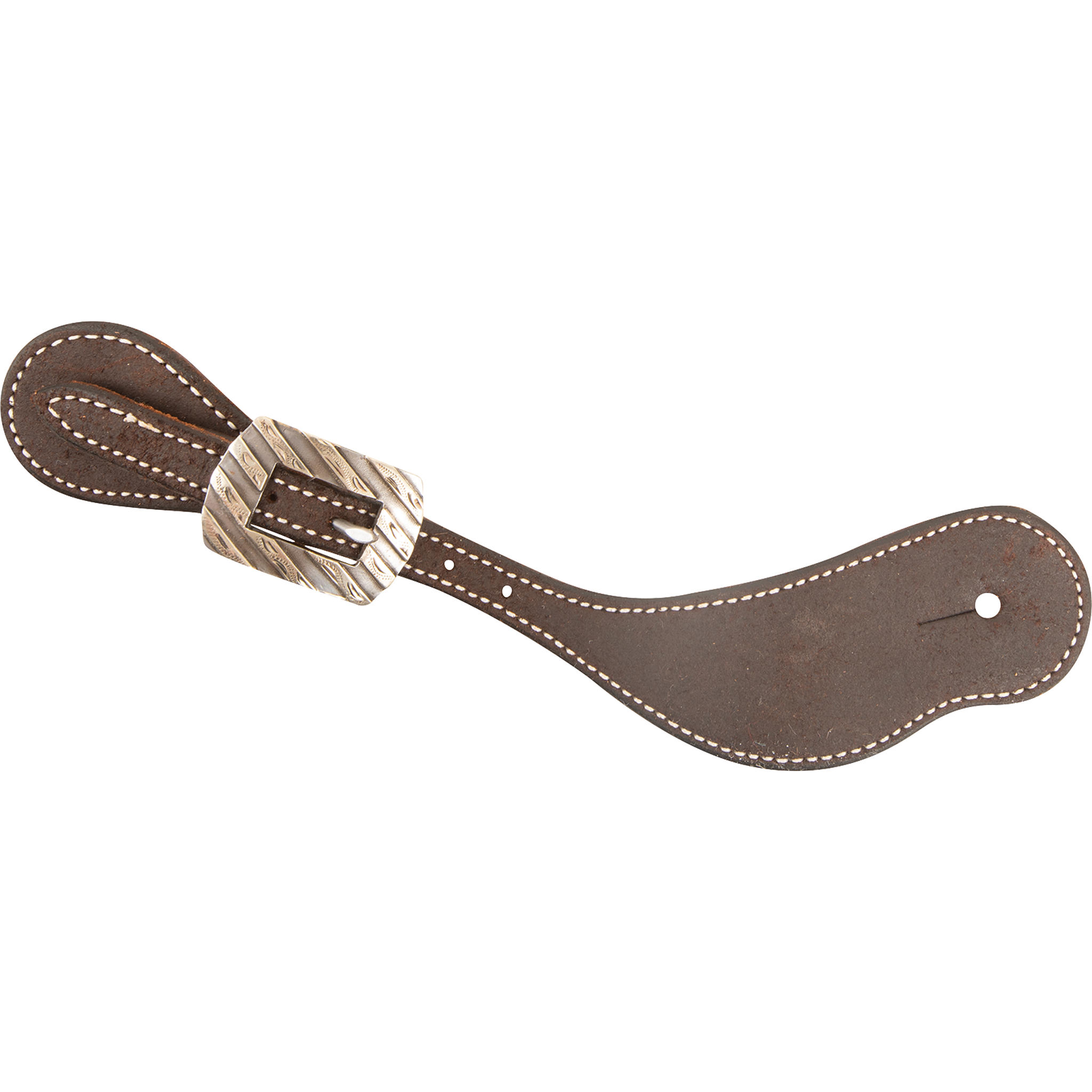 Chocolate roughout cowboy spur strap with a Bandera buckle, seen from above. White stitching edges the strap, and the rectangular buckle has a ridged texture.